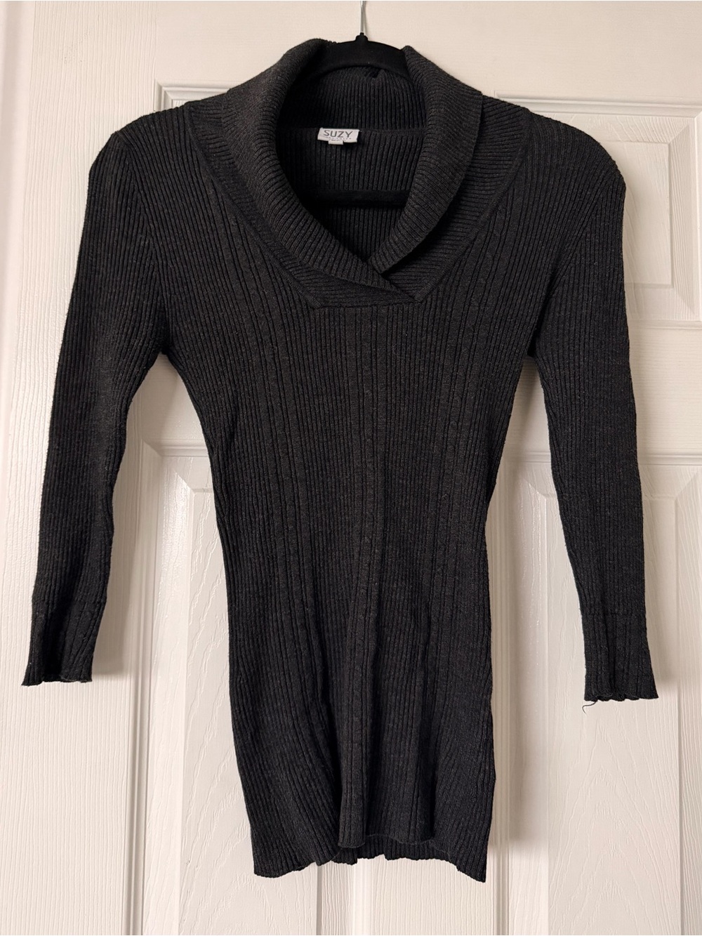 Charcoal Grey Ribbed Shawl Collar Sweater